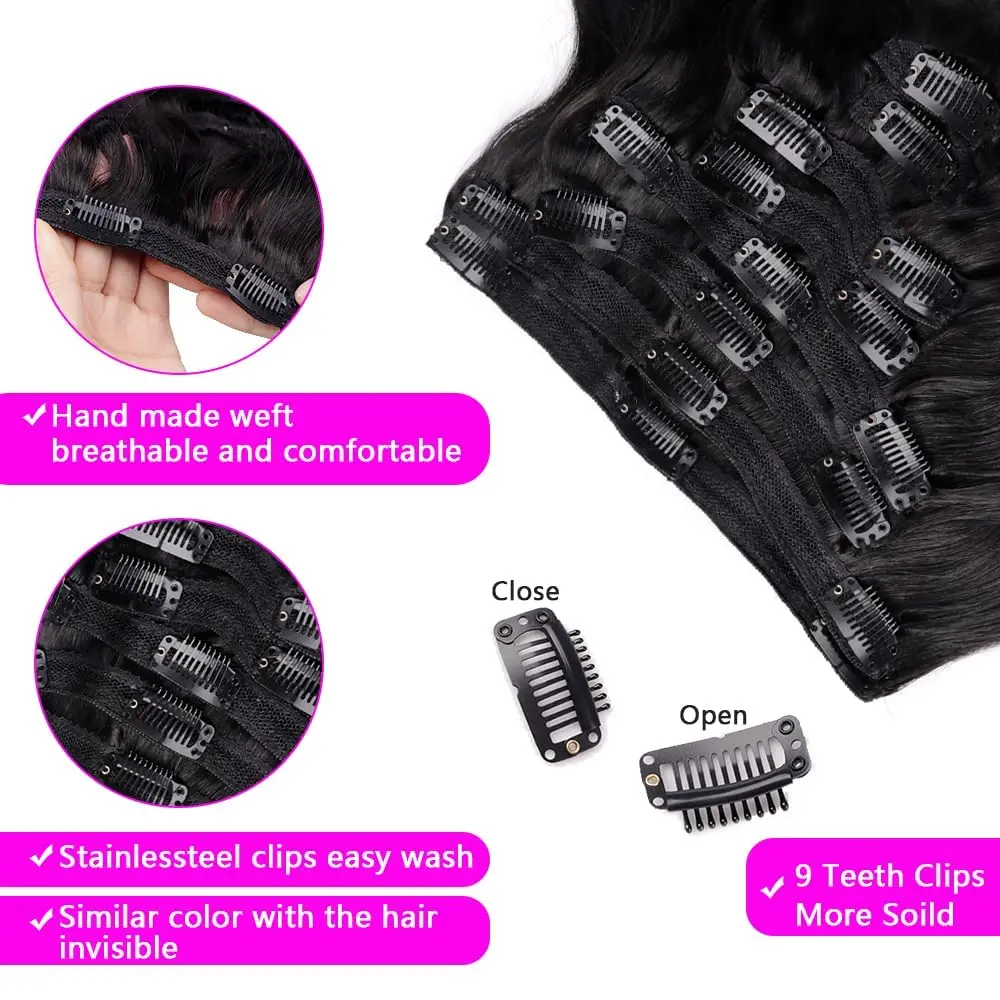 26 Inch Body Wave Clips In Hair Extensions 120g/8Pcs Natural Black Wavy Clip Ins Full Head Invisible Brazilian 100% Human Hair