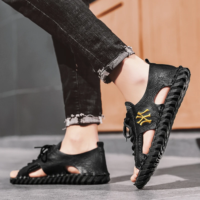 2023 summer new hand-stitched men's cave shoes sandals fashion trendy sandals casual beach sandals men