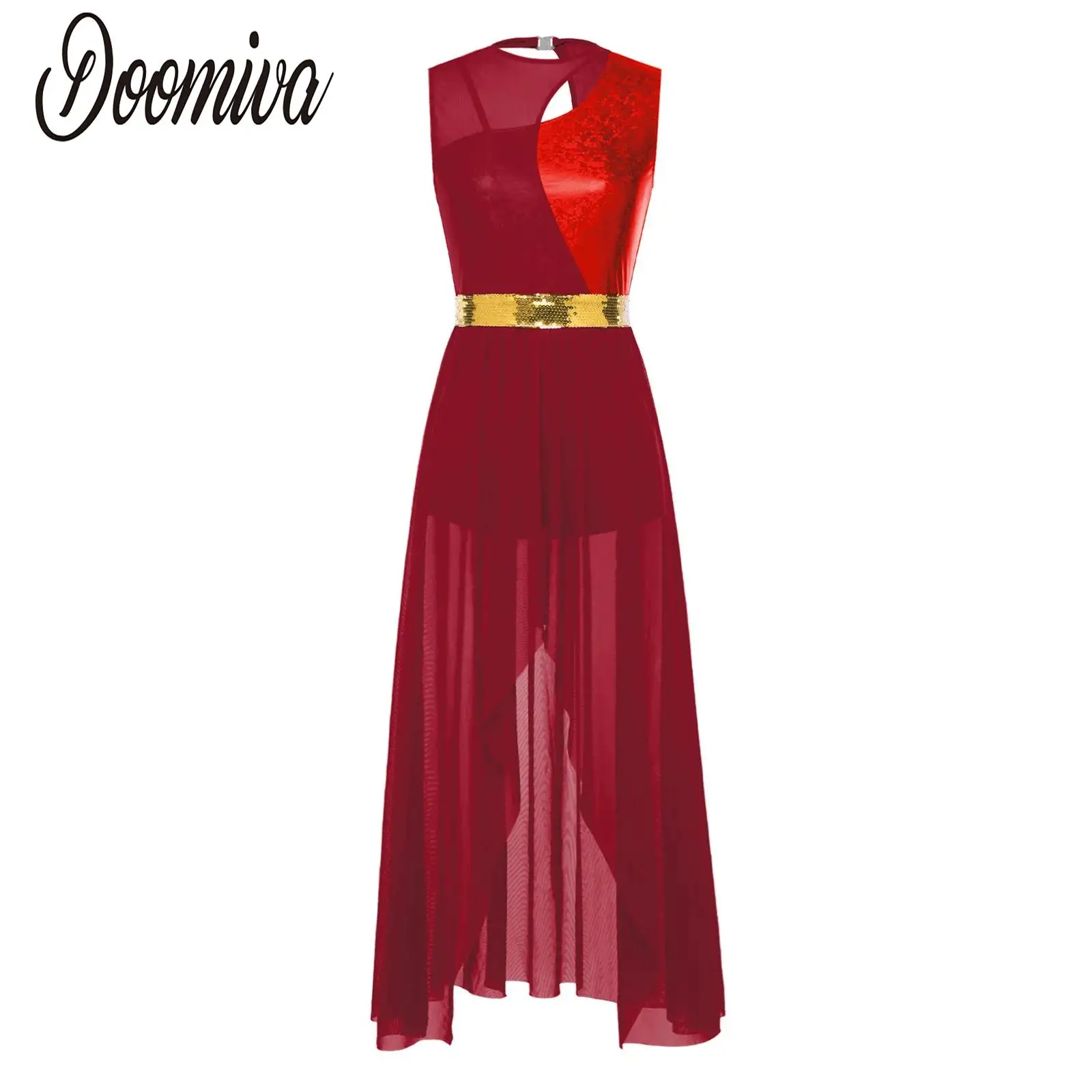 

Women Contemporary Lyrical Dance Dresses Sleeveless Metallic Leotards Patchwork Mesh Skirted Dancewear for Ballet Figure Skating