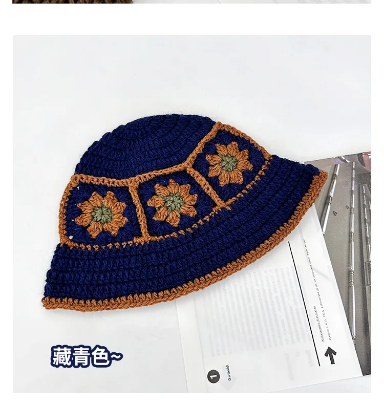 2025 herbst Neue Häkeln Koreanische Handgemachte Eimer Hut Frauen Weben Gestrickte Hut Y2k Mode Blumen Herbst Winter Mützen Becken Kappe – Detail 7