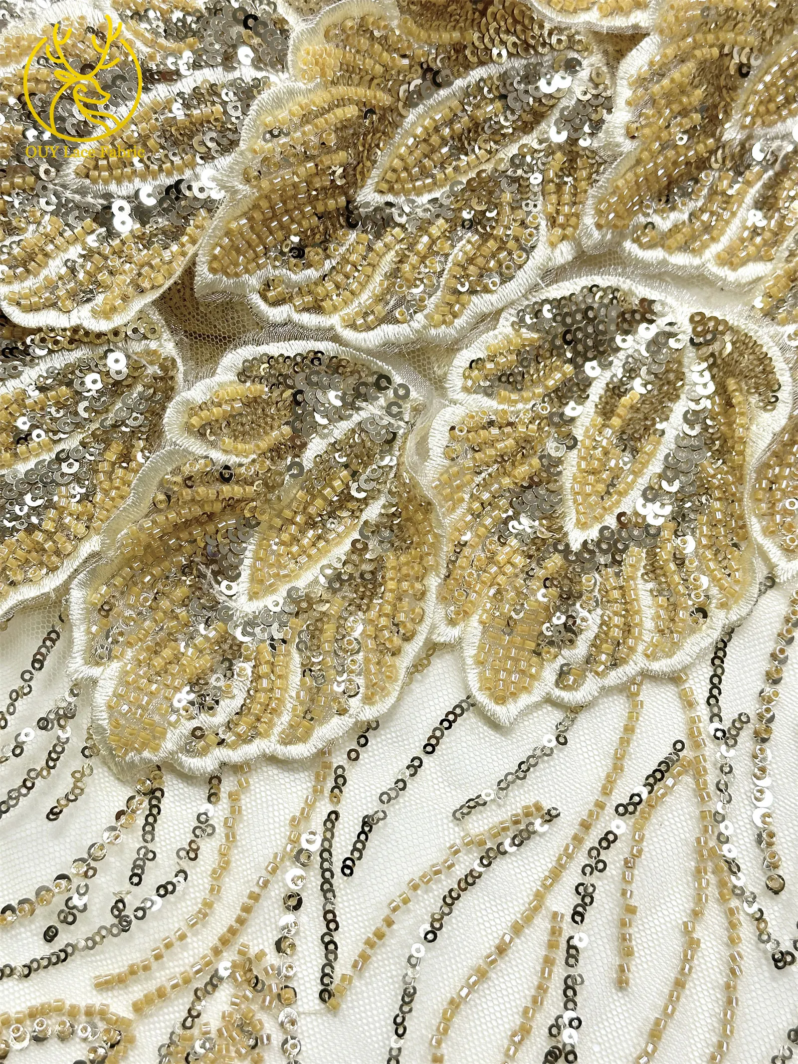 Nigerianischer 3D-Stickerei-Blatt-Spitzenstoff 5 Yards Afrikanische DIY-Stickerei Perlen-Pailletten-Spitze Tüll-Netzspitze Damen-Abendkleid – Detail 16