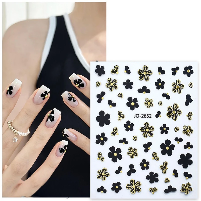 3D Black Petals Flowers Nail Art Sticker Gold White Silver Self Adhesive Florals Nail Decals Nail Decoration DIY Manicure Salon