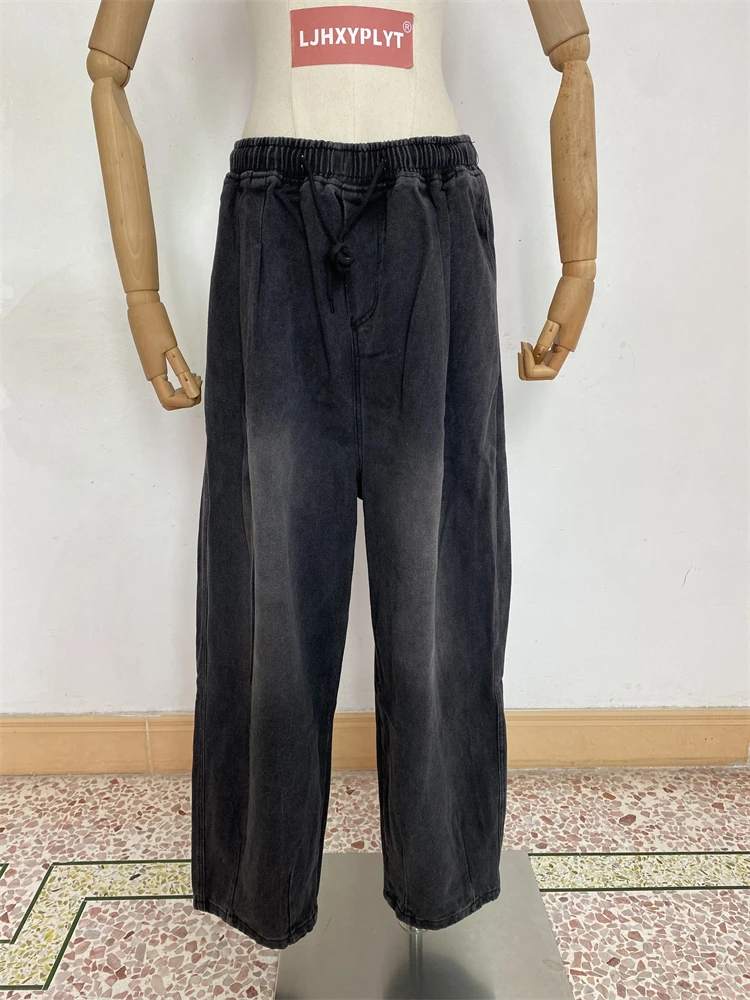 

Женские джинсы унисекс с эластичной резинкой на талии и шнурком, осенние широкие джинсовые брюки, женские мешковатые брюки с высокой талией