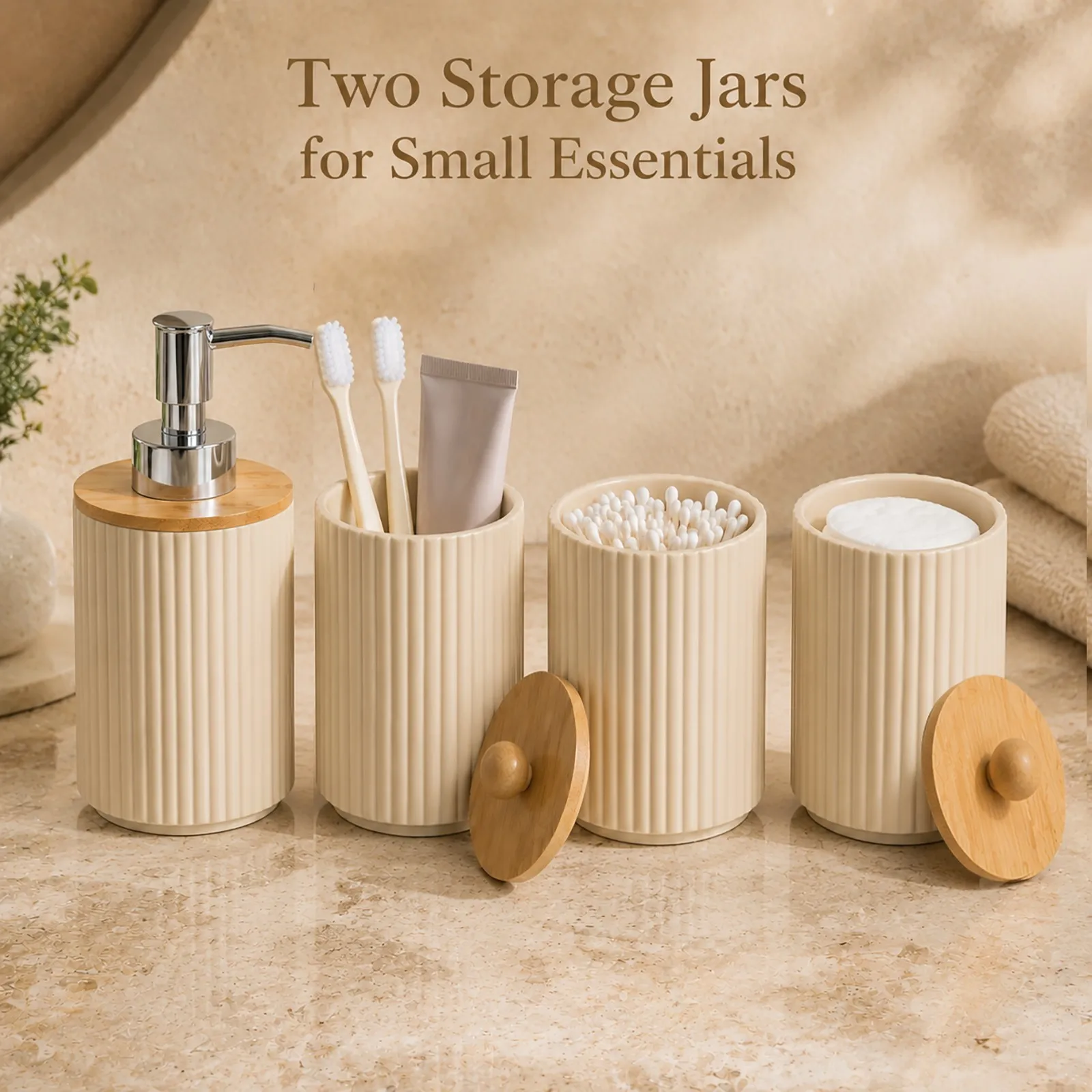 4 Piece Beige Bathroom Accessories Set - Ribbed Soap Dispenser Toothbrush Holder 2 Apothecary Jars with Lids for Cotton Balls