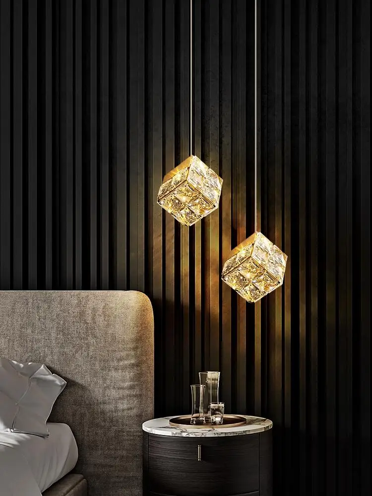 Modern Clear Crystal Cube Pendant Light Gold Chrome Stainless Steel Bedroom Bedside Dining Room Hanging Lamp Dropshipping