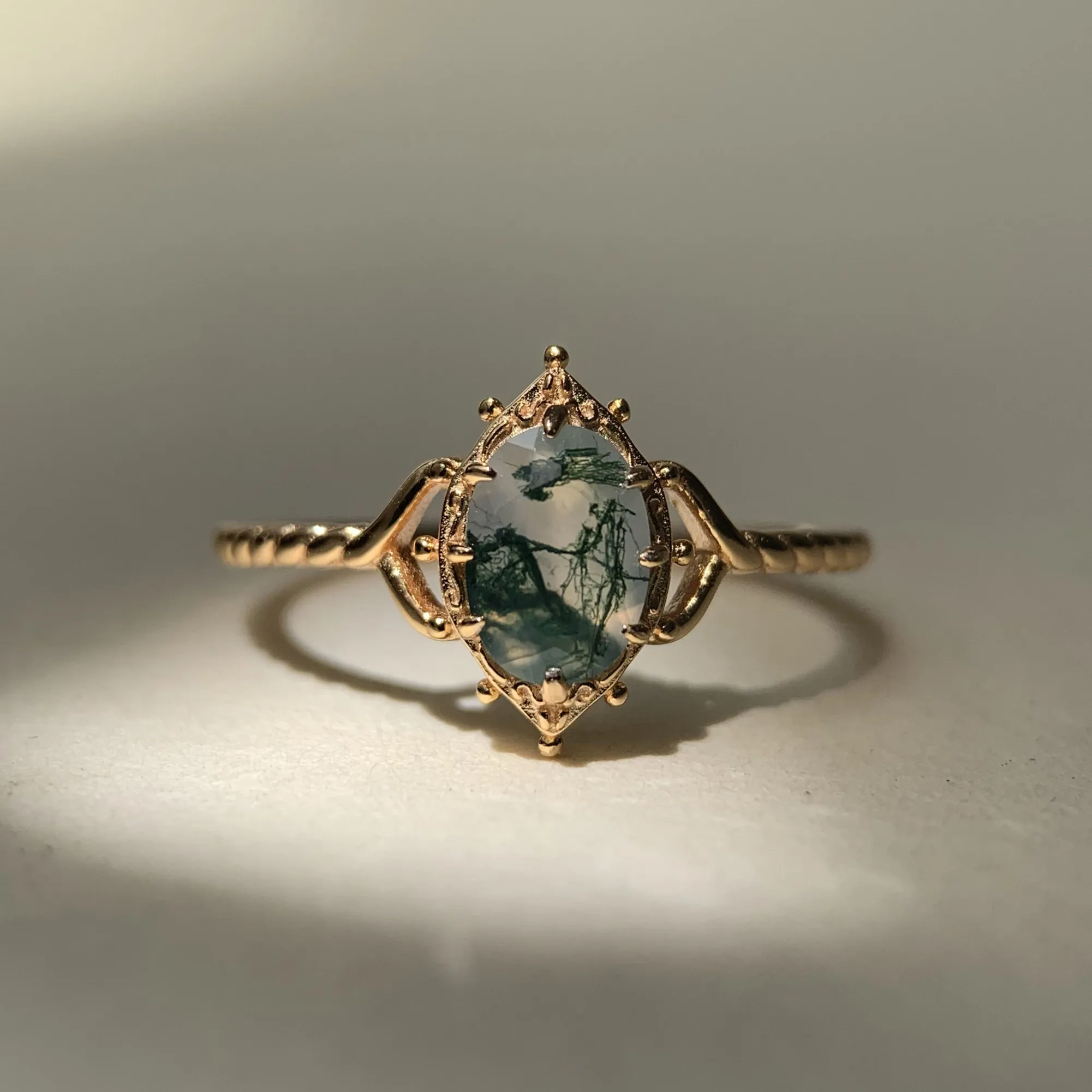 Natural Moss Agate Engagement Ring Vintage Unique  Silver Gold Solitaire Promise Anniversary Jewelry for Women