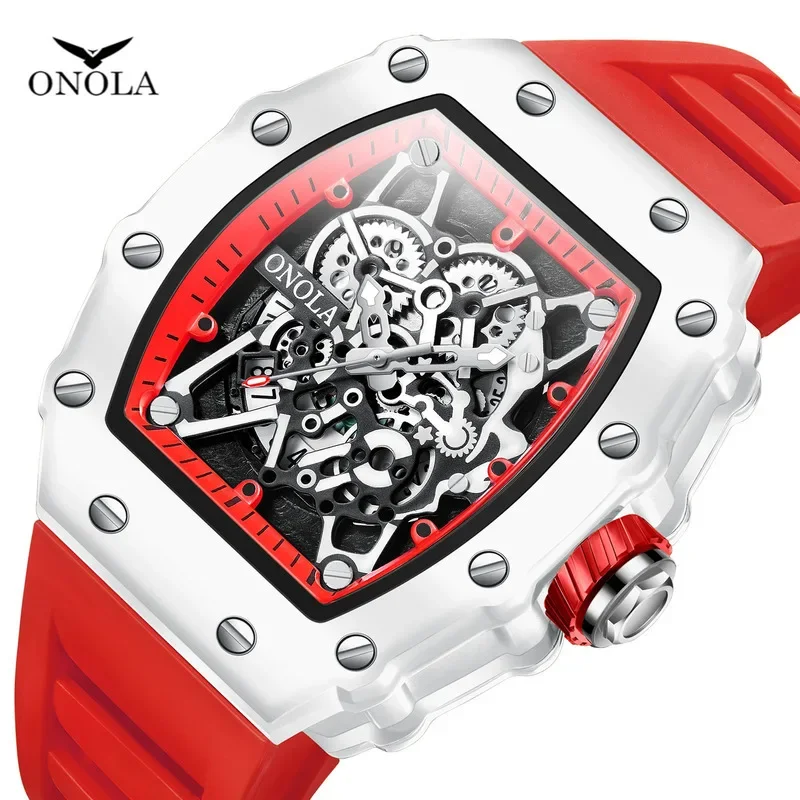 

ONOLA Watches for Man 3827W Fashion Tonneau Quartz Wristwatch Calendar Silicone Strap Waterproof Men Watch Relojes Para Hombres