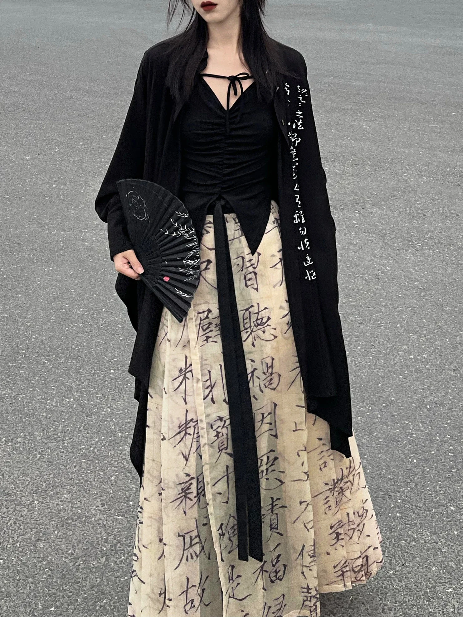 

3Pc Set Ming System Horse Face Skirt Penmanship Modern Hanfu Women's Suit 6M Pendulum Traditional Chinese Style Black Robe Dress