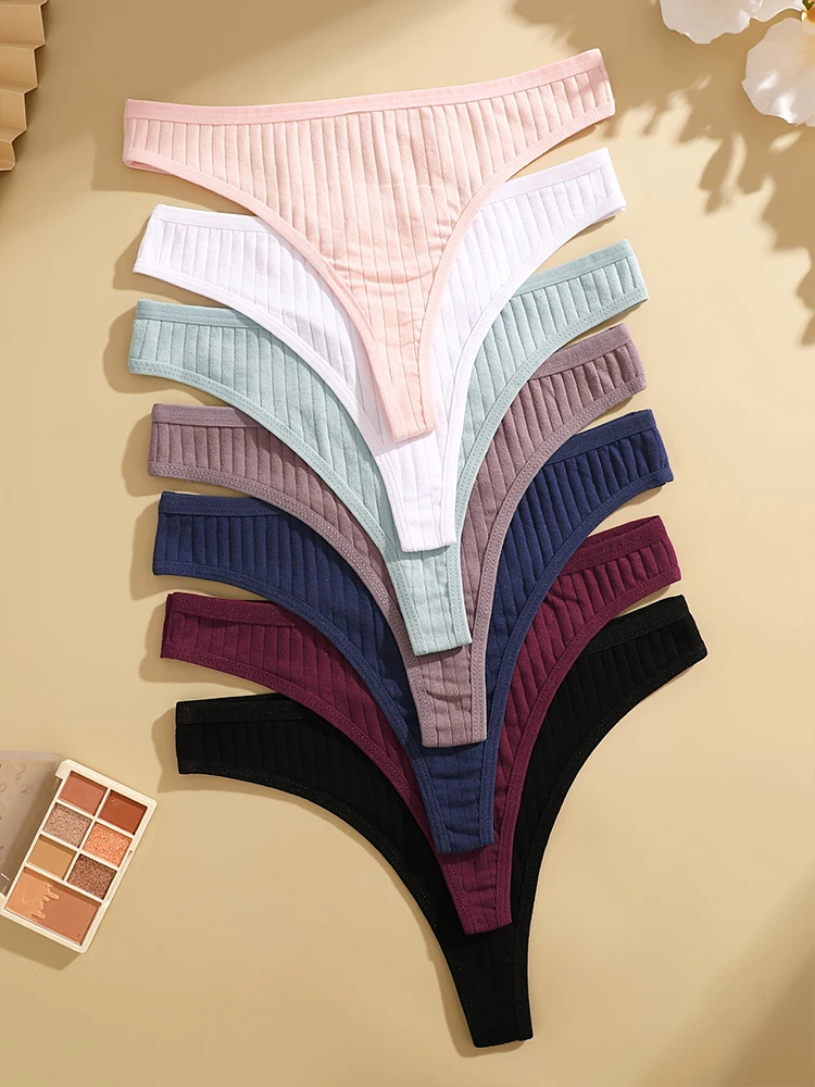 7PCS Dámské sexy bavlněné kalhotky G-string Jednobarevné žebrované měkké tanga Dámské kalhotky s nízkým pasem Dámské sexy bikiny spodní prádlo - náhled 5