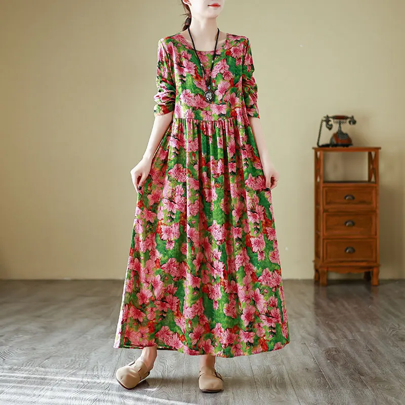 

NYFS 2025 Spring Vintage Cotton Linen Print Woman Dress Loose Holiday Long Sleeve Long Dresses Robe Elbise