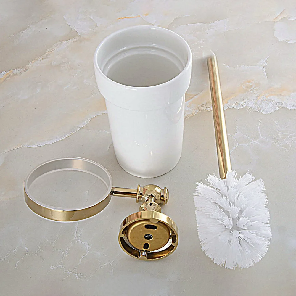 Gold Color Brass Wall Mounted Toilet Brush & Holder Set White Brush Ceramic Cup Bathroom Accessory aba313