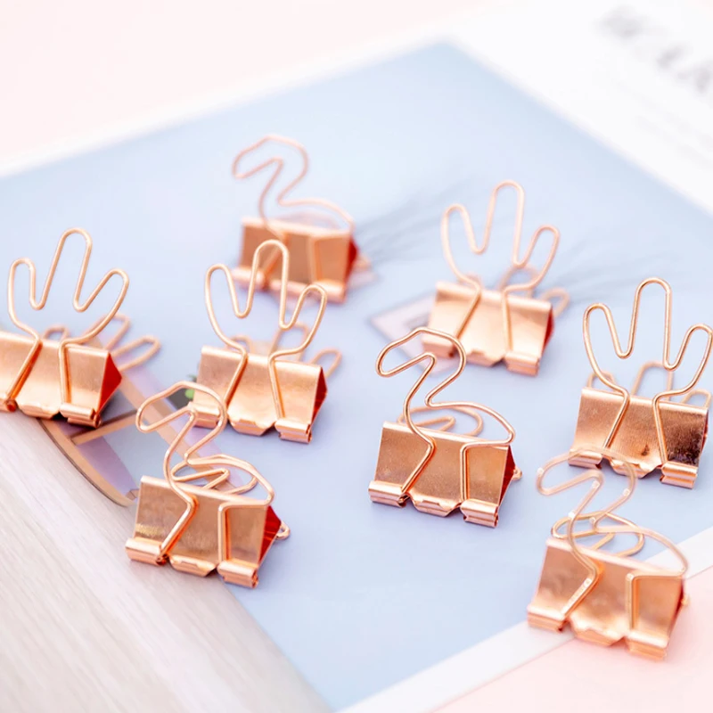 4pcs Creative Rose Gold Cartoon Flamingo cactus Long Tail Clip Student Data Clamp Paper Clip Dovetail Clip