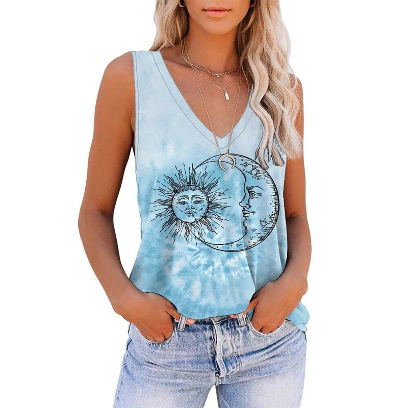 Sun Moon Pattern Tie Dye 3D Print Tank Tops Women V-Neck Sleeveless Camisoles Off Shoulder Vest Y2k Streetwear Girls Clothing