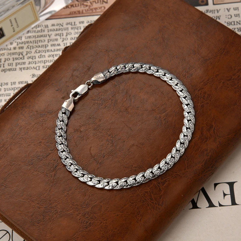 S925 pure silver Cuban bracelet, retro Thai silver patterned flat snake bracelet, niche, light luxury, simple handmade accessory