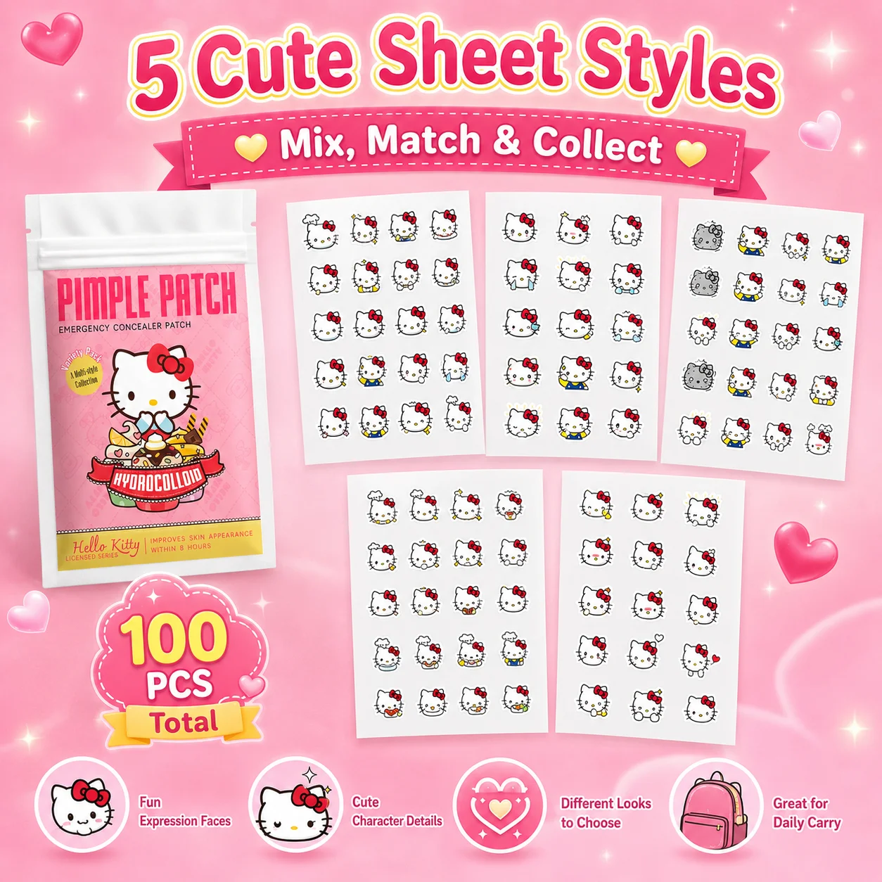100PCS hello kitty Acne patches, facial acne patches, hydrogel acne removal patches, concealer view 2