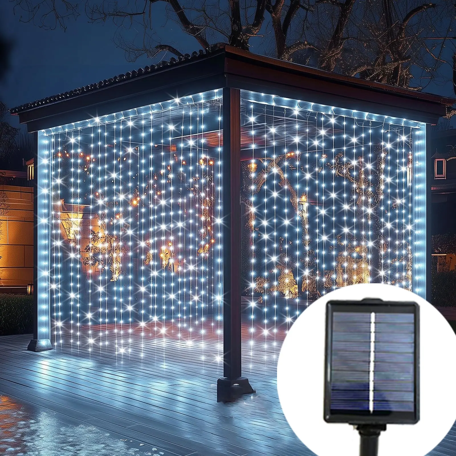 

Solar LED Curtain Light Outdoor Garland Solar Fairy String Light Pavilion Garden Party Holiday Christmas Decor Silver Wire Lamps