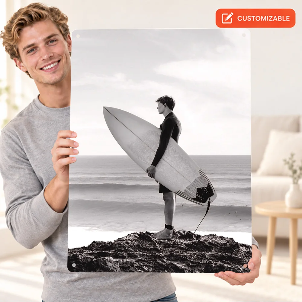 Surfer On A Cliff Surfing Design Printed Poster Customized Aluminum Metal Sign Vintage Style Wall Art For Bedroom Collector Gift