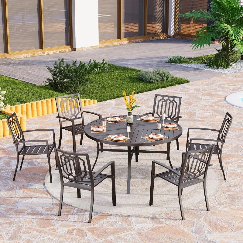 

7 Pieces Outdoor Round Dining Set for 6, Wrought Iron Dining Circular Table with Umbrella Hole & Stackable Metal Steel Chairs