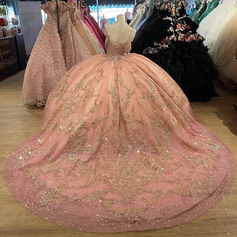 Pink Quinceanera Dresses 2024 Sweet 15 16 Gold Applique Lace Beads Birthday Party Gown Vestidos Para XV Princess Miss Pageant