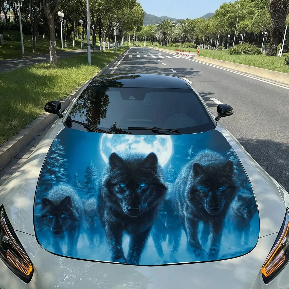 

Night Moon Blue Eyes Wolf Car Vinyl Packaging, PVC Waterproof Car Hood Stickers, Self-adhesive Scratch Resistant Stickers For En