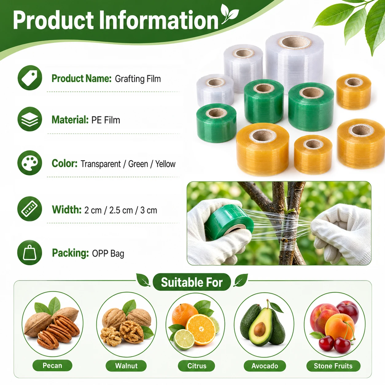 1 Roll 2/2.5/3cm Self-Adhesive PE Grafting Tape, Stretchable Plant Film for Trees, Vines, Tomatoes, Garden Grafting Accessories