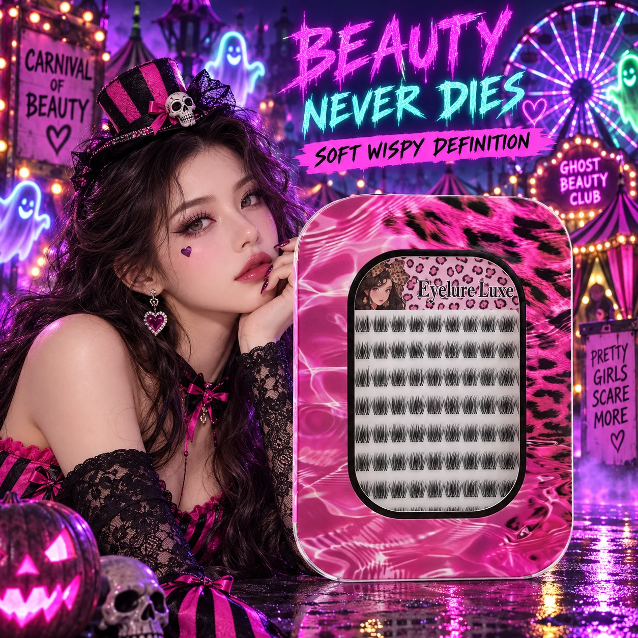 Eyelure Luxe Eyelure Luxe 96 Individual Cluster False Eyelashes, Halloween-Inspired Messy Cluster Lashes, Gradient Pointed Tail Premium Fiber Lashes, Pink Leopard Print Transparent Flip-Top Storage Box Appearance - Short, Medium, and Long Lengths for Free Combination, Soft and Lightweight Fibers, Suitable for Daily Charm and Special Occasions