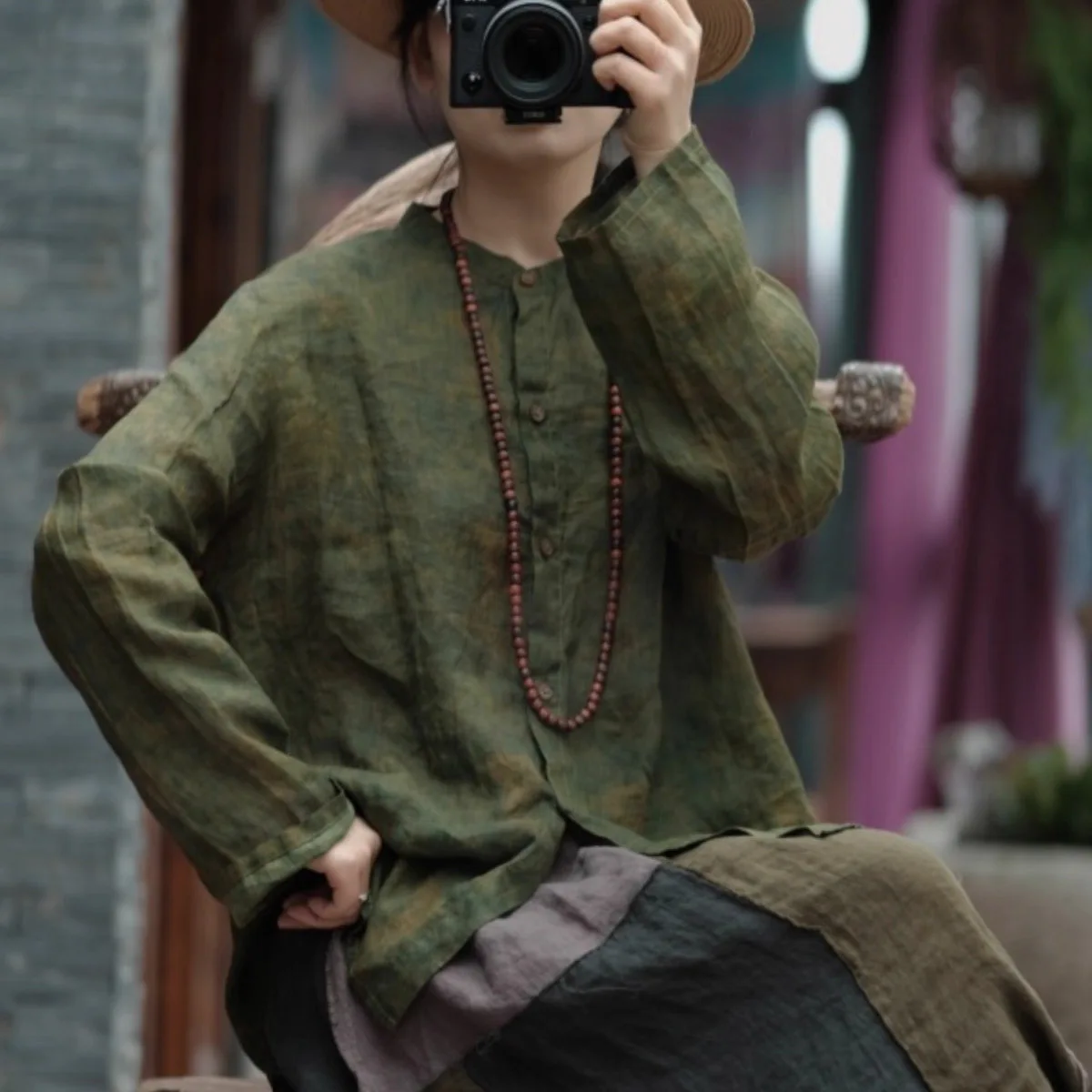 

Women's Thin Ramie Shirts Artistic Distressed Button Down Long Sleeves Asymmetrical Cardigan Blouse Casual Tops Spring Summer