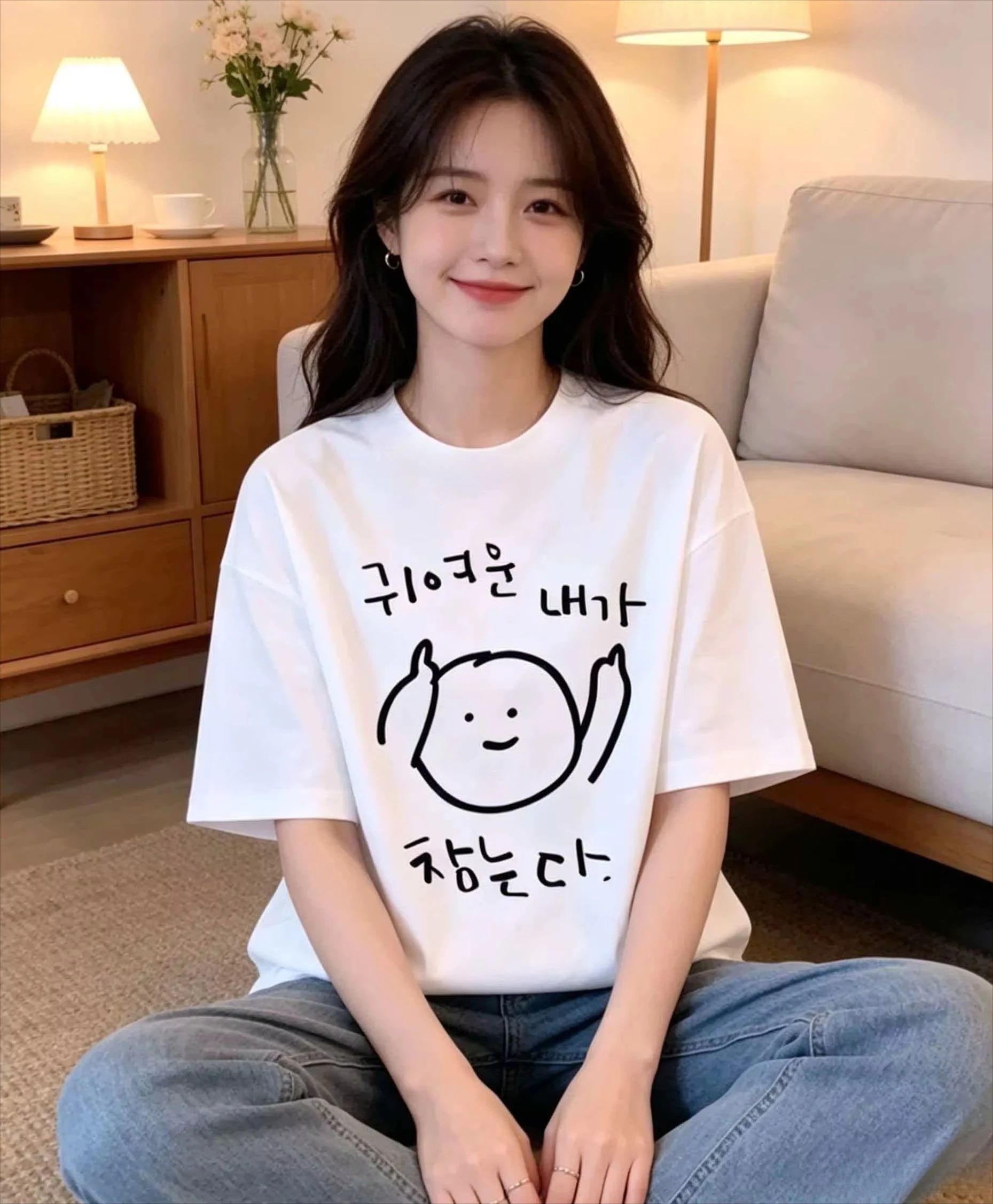 Korean Style Character Strokes Funny Print Women's Tee Personalized Design Crew Neck Short Sleeve New Fashion Women Harajuku Top
