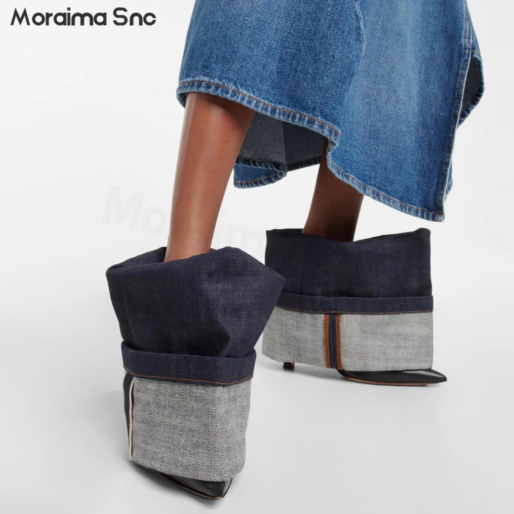 

New Denim Color-Blocking Trousers Boots Pointed Toe Stiletto High-Heeled Short Boots Sexy Trendy Temperament Large Size Boots