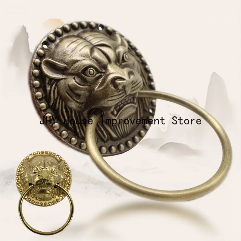 1pcs Old-Style Solid Wood Door Knocker Tiger head Front Door Knock Lion Head Copper Handle Ancient Villa Outdoor Ring Knob