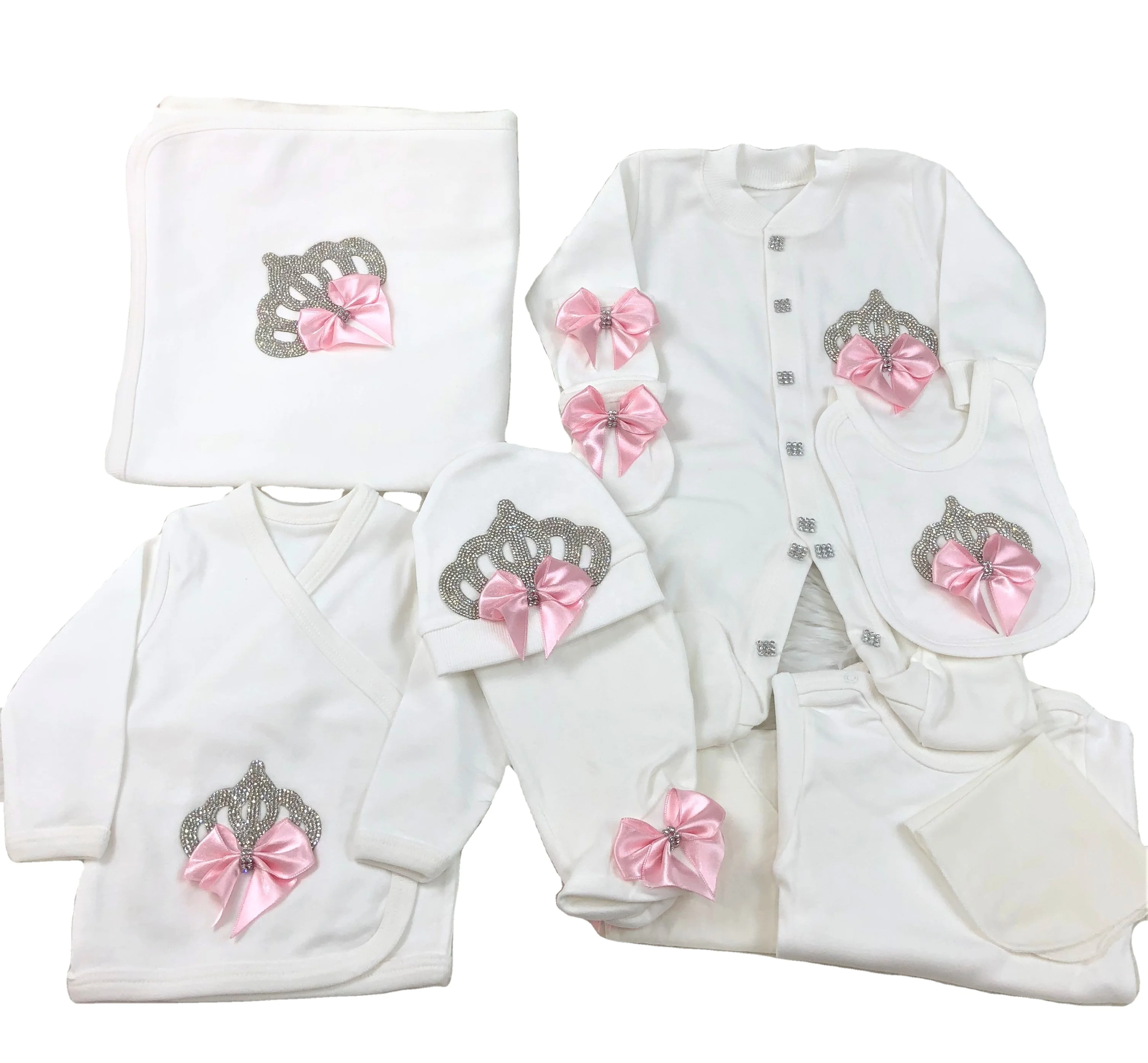 

10 Pieces Wholesale Custom High Quality Modern Luxury Clothes Long Sleeve Hospital Exit For Newborn In Whiteoff Bows