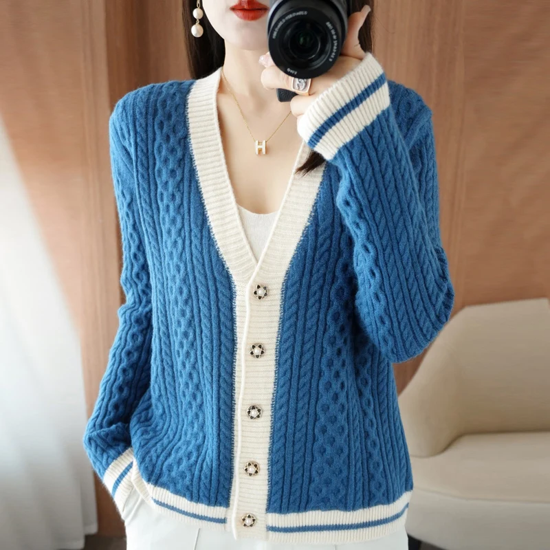 Cashmere Cardigan Sweater Women 2022 Autumn  Winter  Color matching V-Neck Casual Loose Warm knitting Coat  Femme