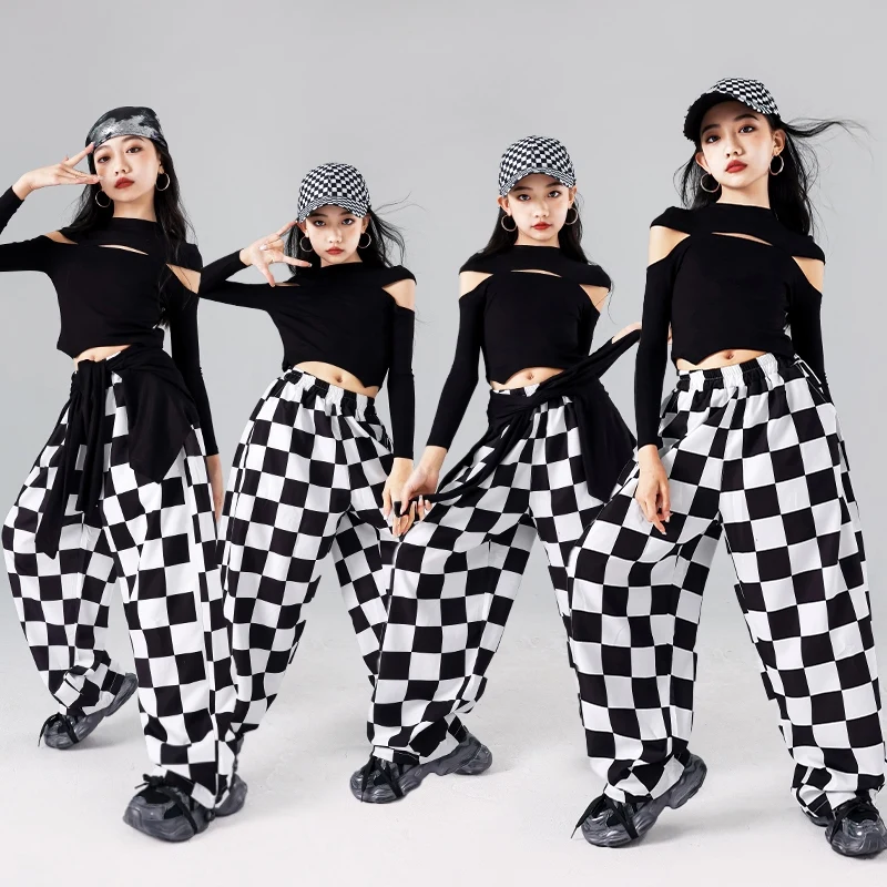 Children Street Dance Outfit Kids Black And White Jazz Dance Clothing Kpop Fashion Girls Clothes Streetwear Loose Pants AMY1253