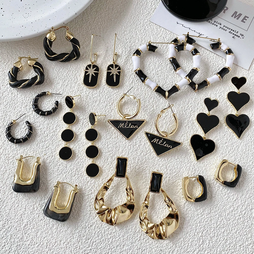 Lifefontier Vintage Black Enamel Resin Geometric Drop Earrings For Women Exaggerate Heart Round Bamboo Earring Pendant Jewelry