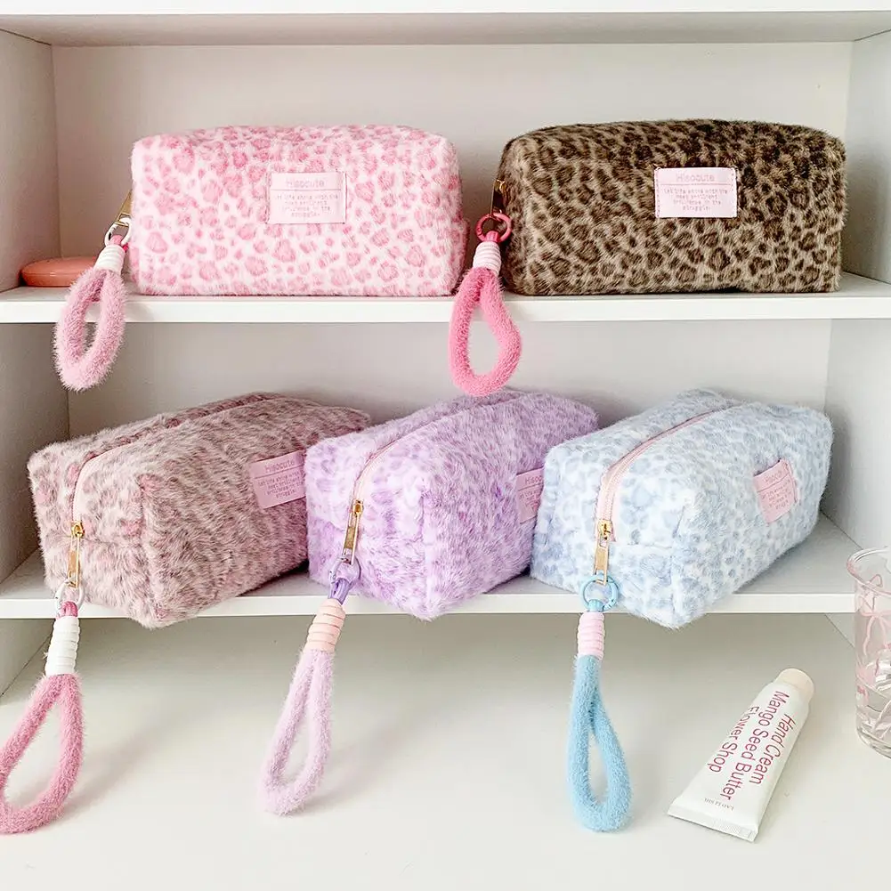 Plush Pink Color Leopard Print Schoolgirl Makeup Bag Large Cosmetic Tote Bag for Women Cute Portable Travel Hand Carry Organizer