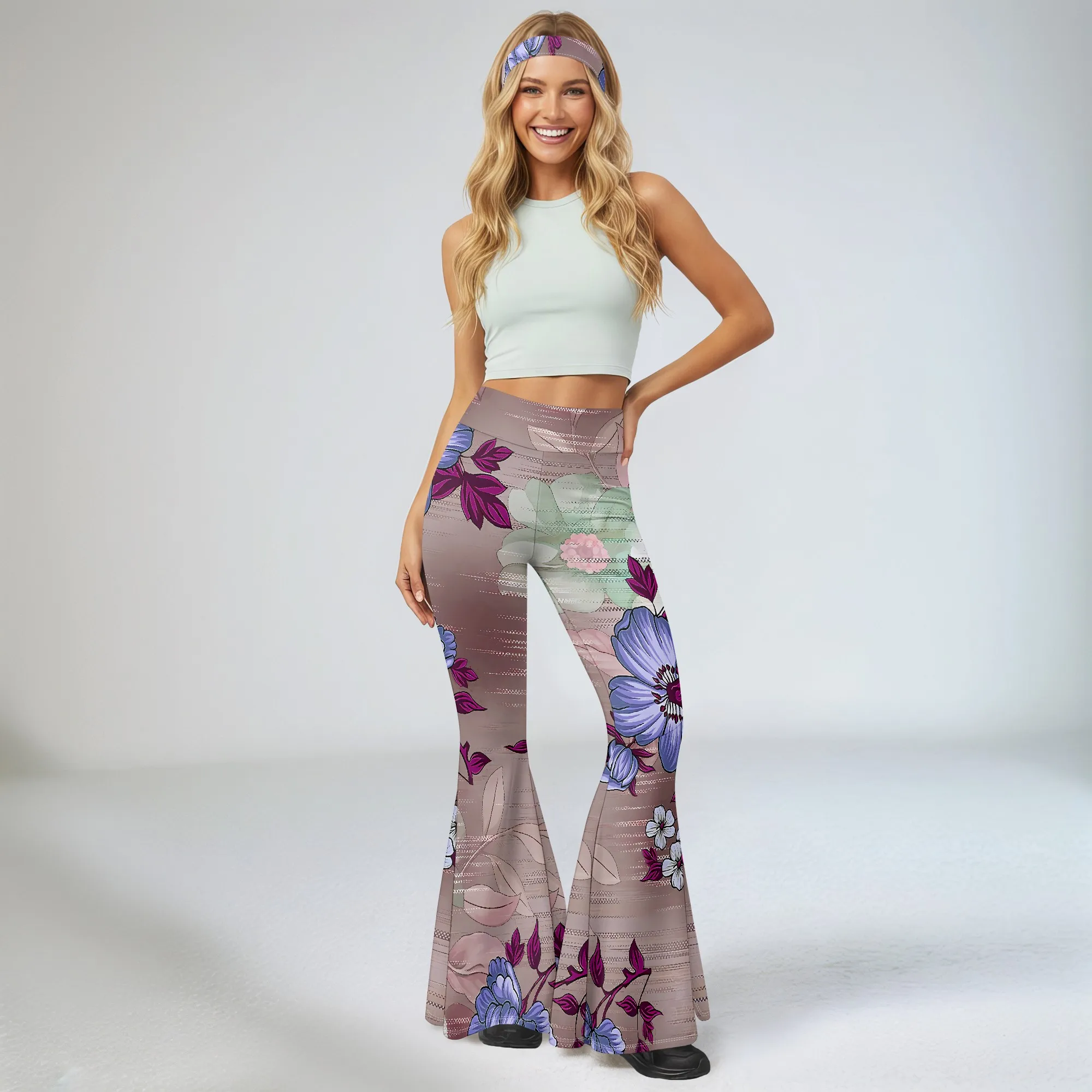 Women's Spring And Summer Casual 3D Printed Flared Pants, High Waisted Fashionable Flared Pants.
