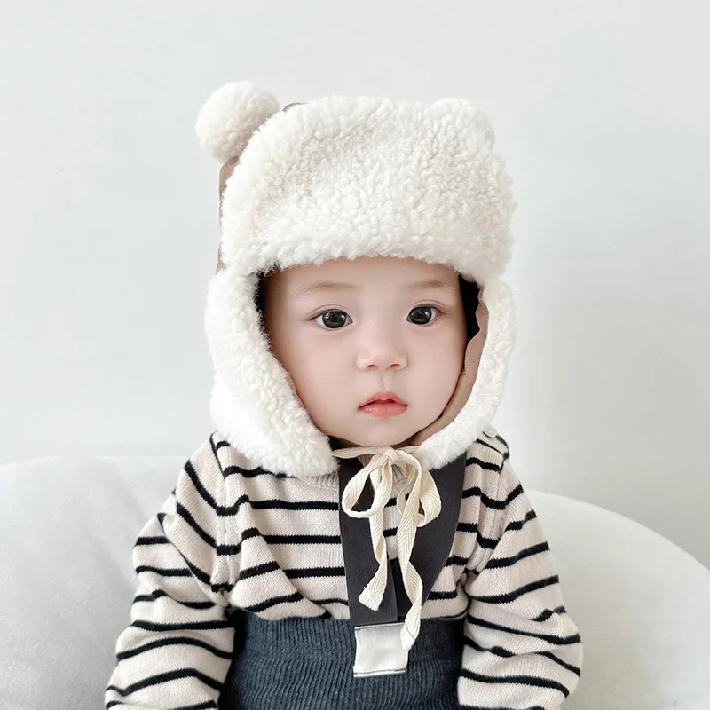 

Lamb Fleece Children Ear Protection Hat Winter Baby Earmuffs Cap 0-1Year Infant Windproof Warm Headgear Bonnet Bear Kids Beanies
