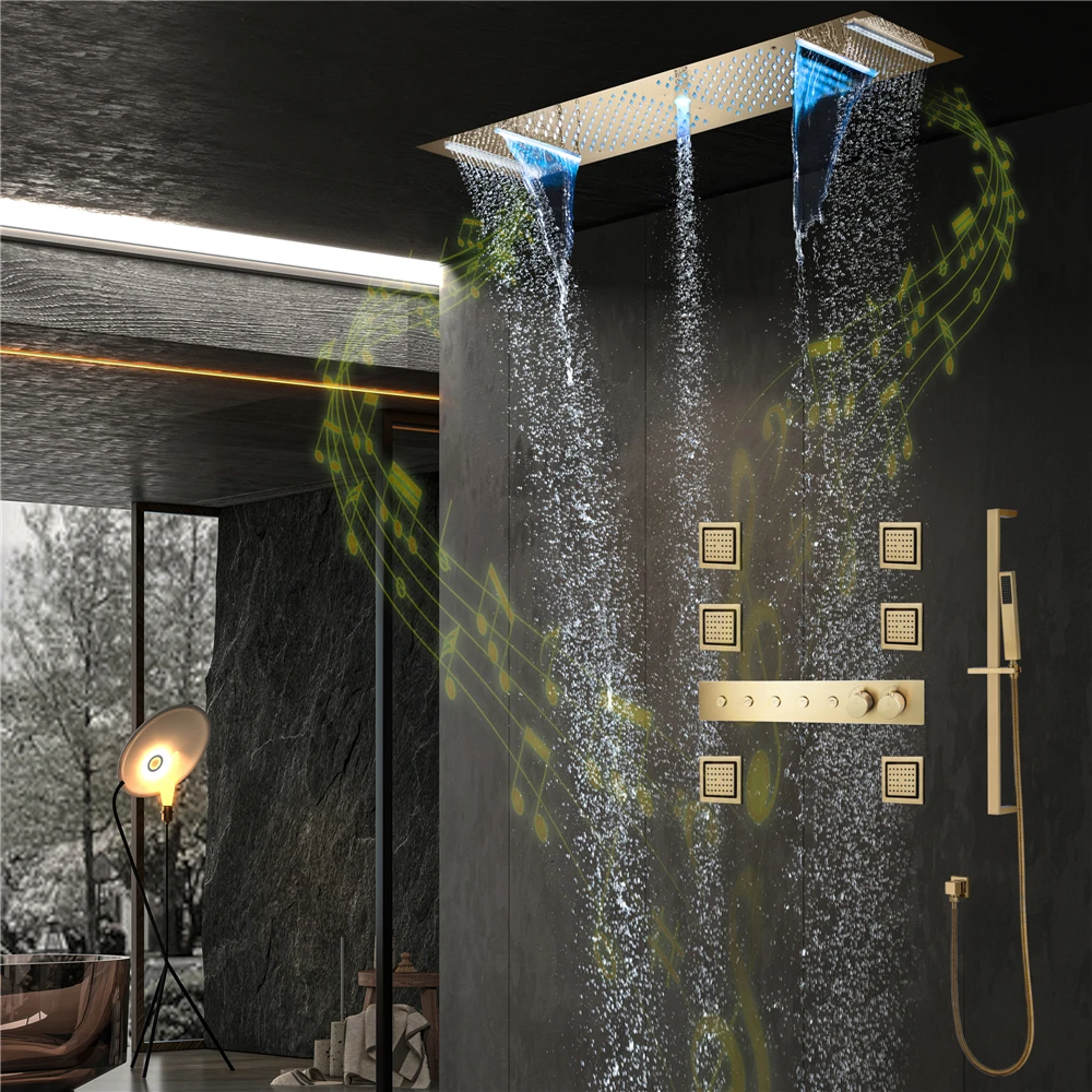 

HIDEEP Jiangmen 2023 New 36*12inch Music Led Shower Head Rain&Waterfall Shower Thermostatic Button Control Shower Faucet