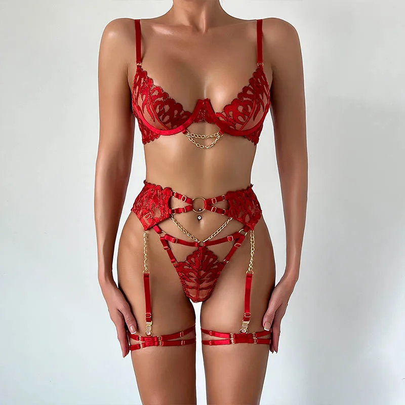 Red Flower Embroidery Underwear for Women Lace Erotic Lingerie Gathered Perspective Bra and Thong Valentine\'s Day Gift 2024