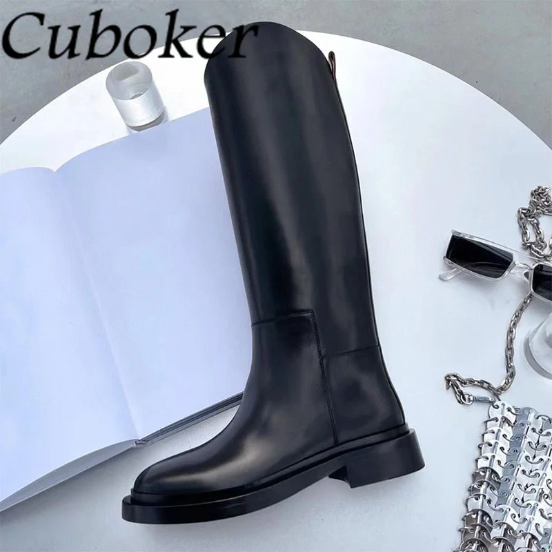 Top Quality Winter Real Leather Riding Boots Round Toe Thick Heel Knee High Boots Women Long Boots Celebrity Brand Shoes mujer