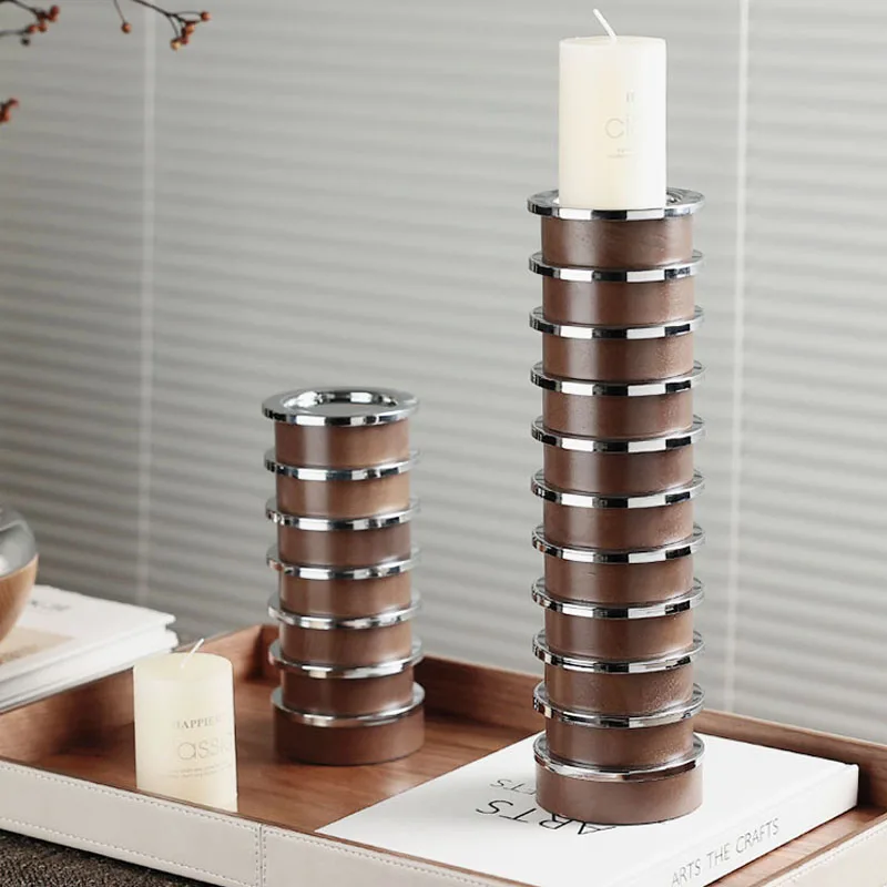 Table Ambiance Decor Wabi-Sabi Style Wooden Metal Cascading Cylinder Candle Holder Art Ornament Dining Decorative Furnishings