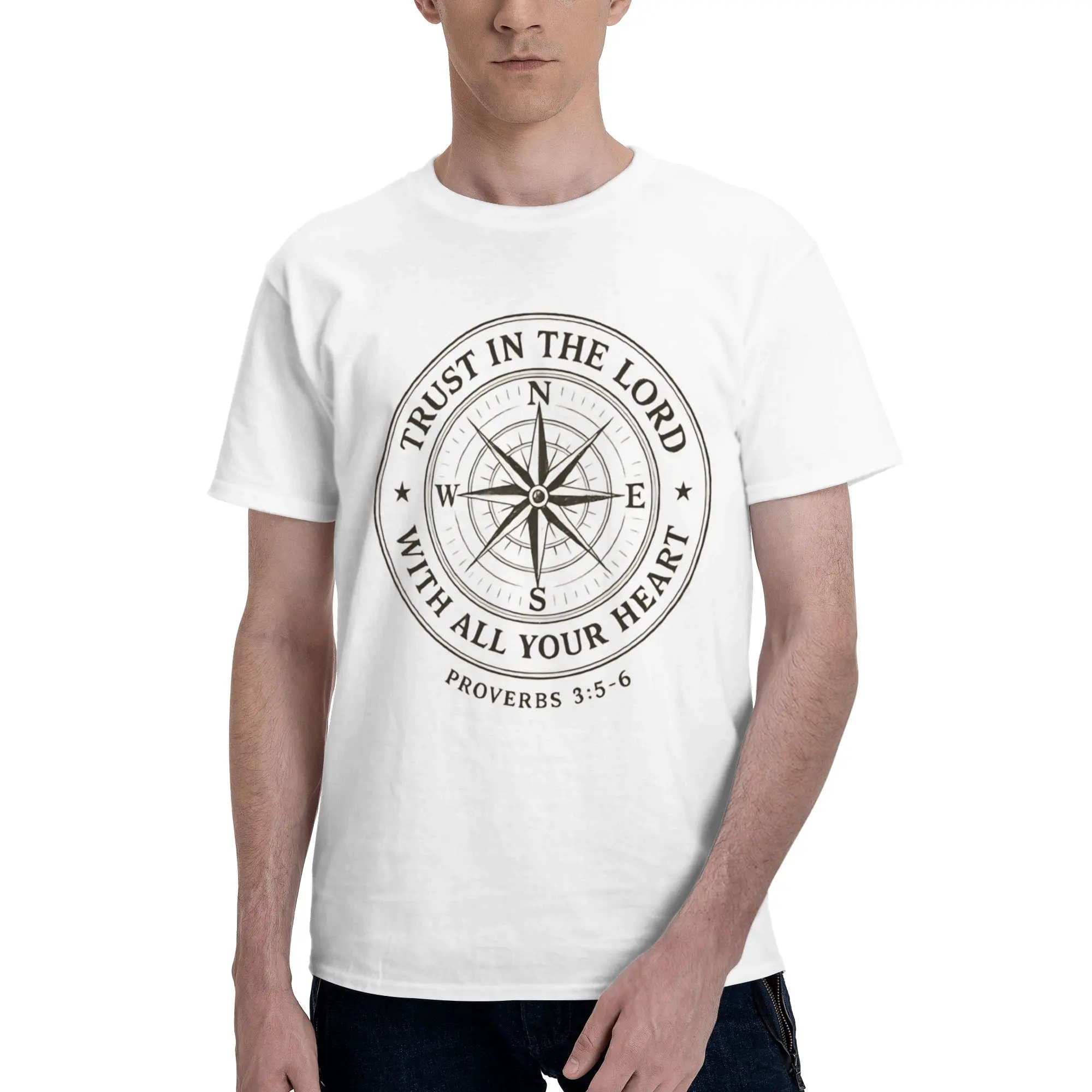 Trust in the Lord Men T Shirts Retro Compass Humorous Tee Shirt Short Sleeve Crewneck Cotton Graphic Printed Tops T-Shirt