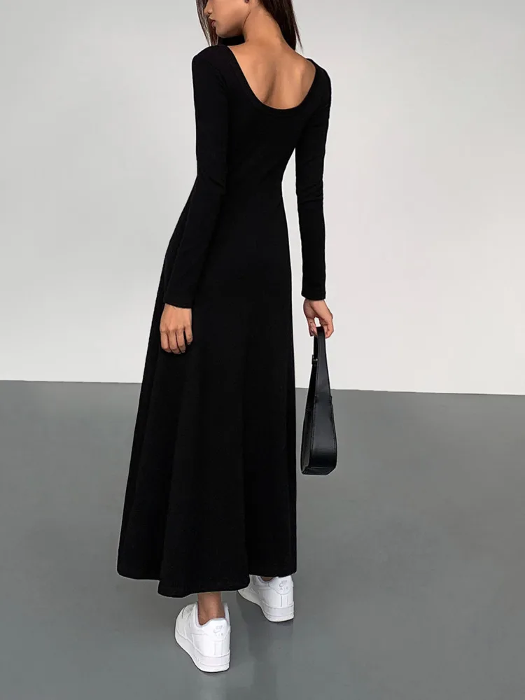 XIWEN Colletto Quadrato Pulsante Patchwork Hip Ordito Solido A Vita Alta Una Linea di Elegante Design Chic Vestito delle Donne 2024 Autunno Nuovo