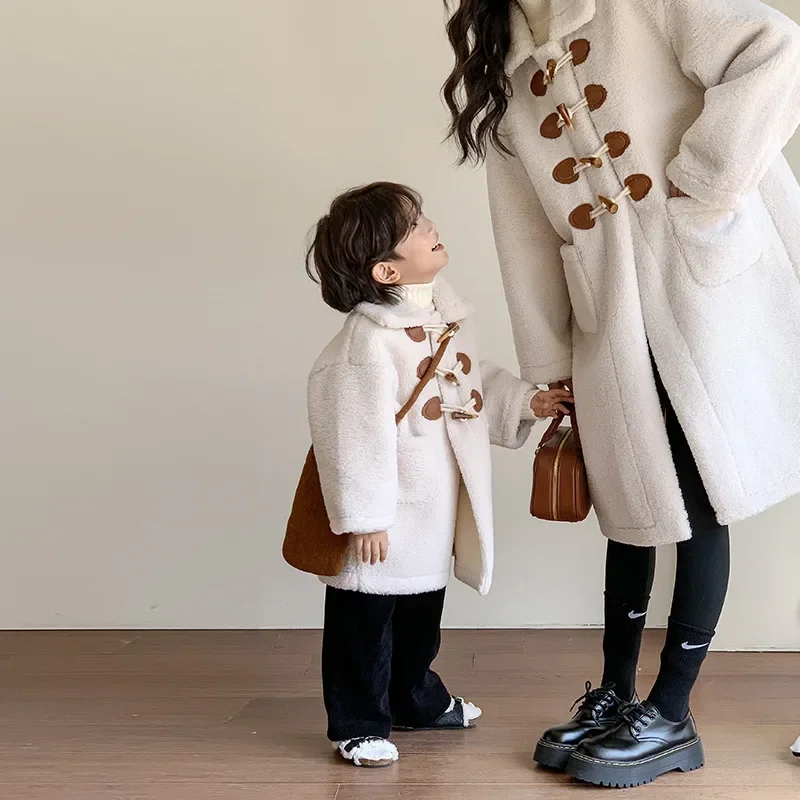 

Mother and Baby Girl Boy Matching Long Winter Jackets Fashion Mom and Daughter Button Up Cardigan Women Son Warm Thick Clothing