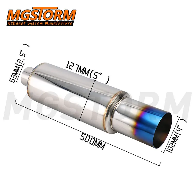 Universal Racing Muffler 5inch Body Straight Through 4inch Outlet Burnt Blue Tip Stainless Steel Straight Flow Exhaust Muffler
