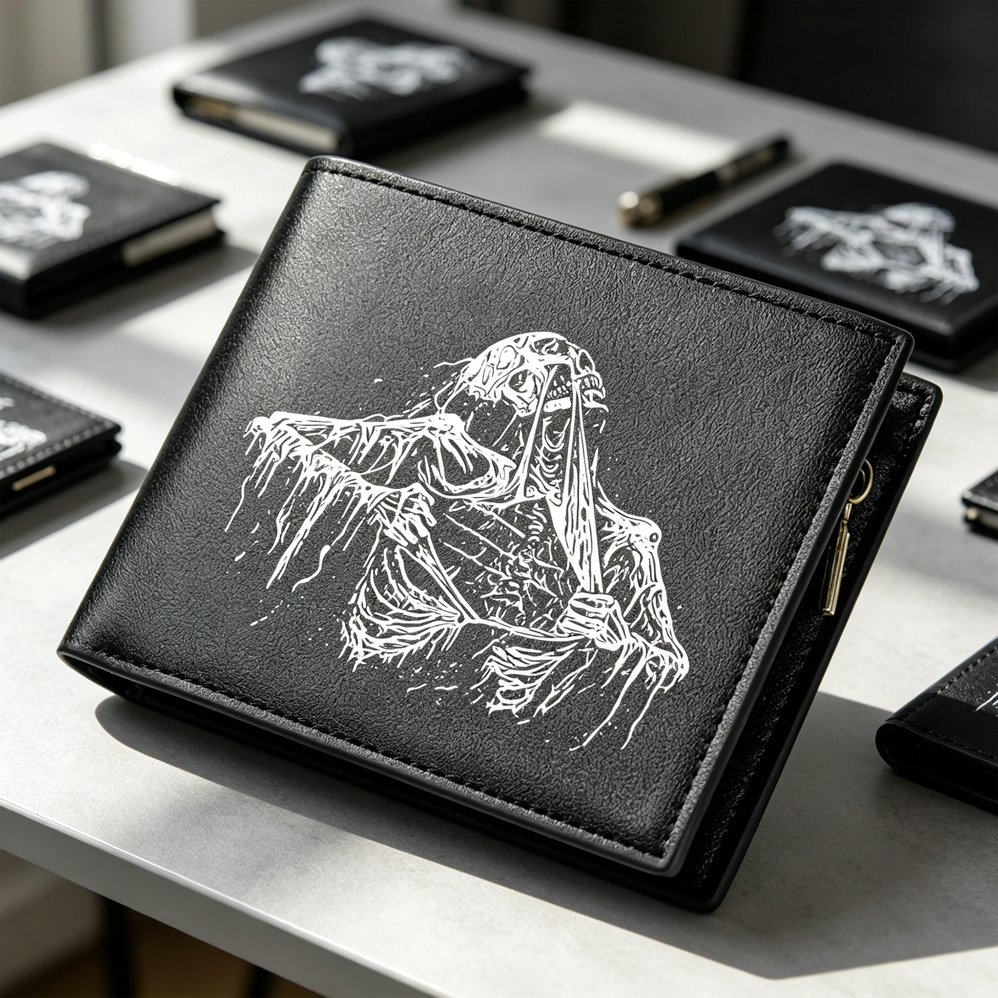 

Men Skull and Letters Black Short Bifold Wallet PU Leather ID Card Holder Zipper Coin Purse Small Changes Cash Money Clutch Bags