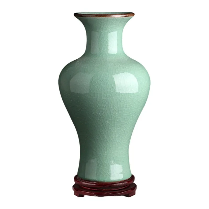 Jingdezhen ceramic vase Chinese retro bean green crack vase winter melon bottle home ceramic handicraft ornament