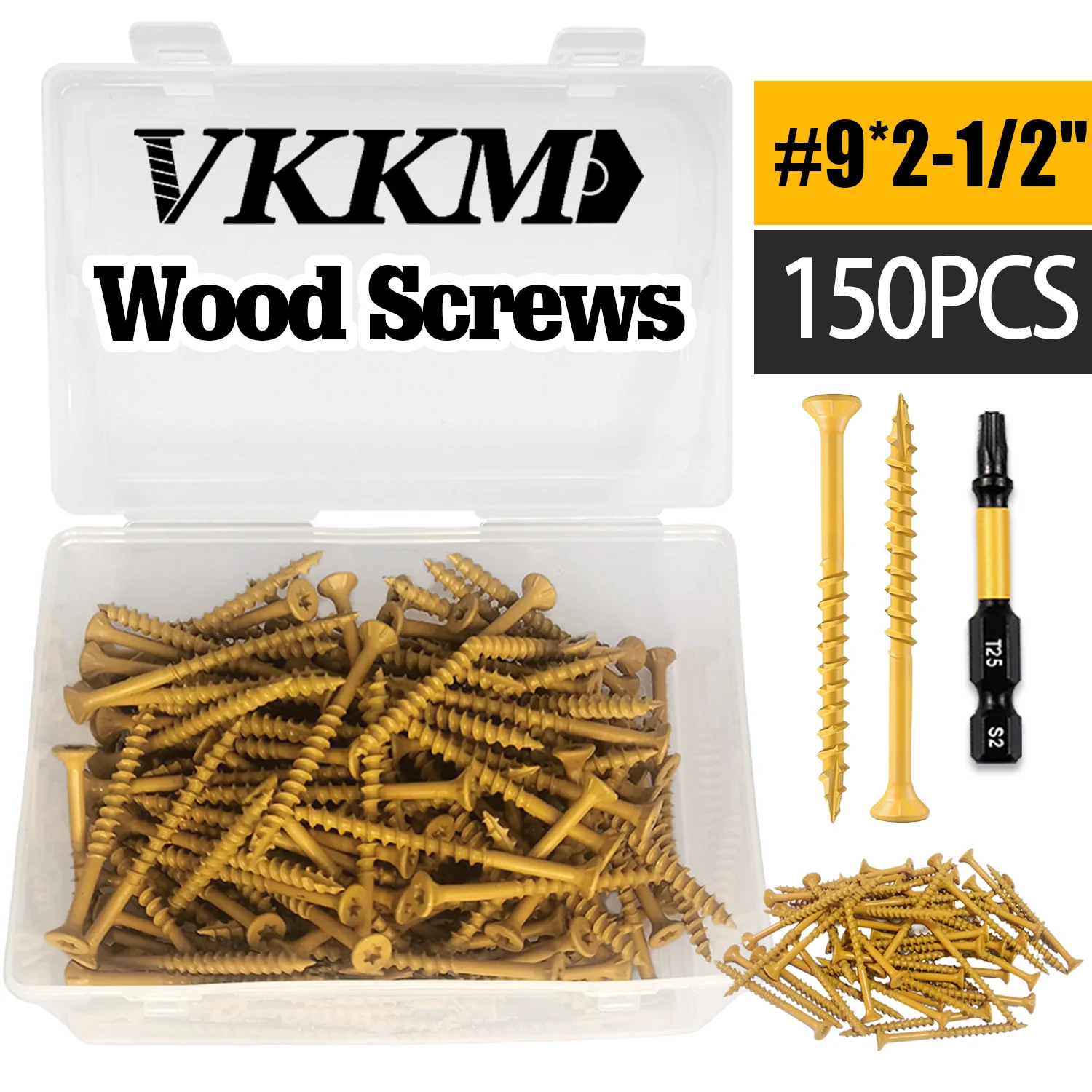 

VKKM Deck Screws 2-1/2 Inch, Wood Screws #9 x 2-1/2", 150 PCS, Rust Resistant Coated, T25 Screws, T25 Star Bit Included, Tan