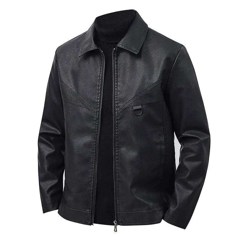 

2025 Spring New Men's Leather Jaet Stand Collar Windproof Casual Coat Long Sve Wool Fabric Men's Outerwear
