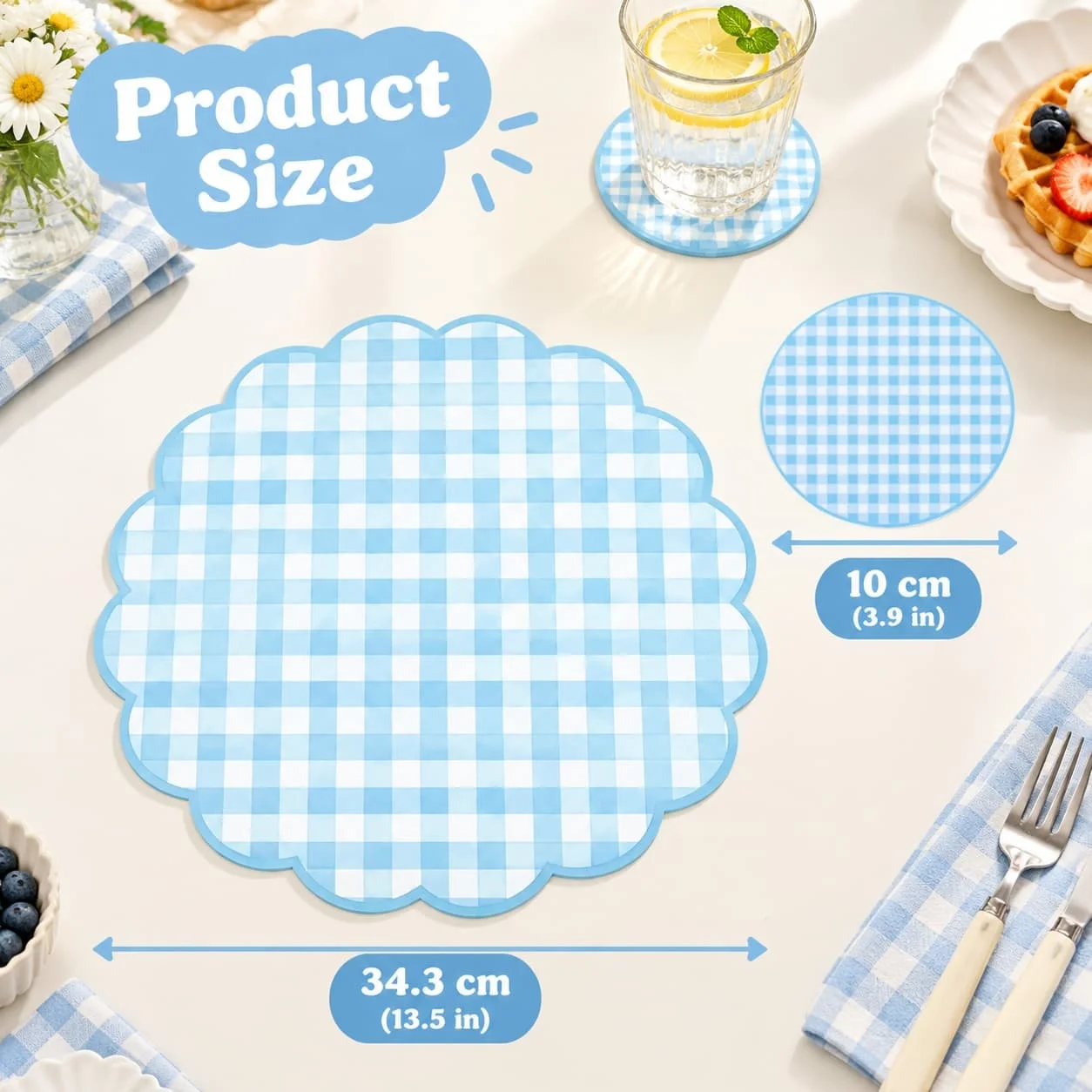 20/40/60pcs blue-and-white plaid placemats coasters, fresh pastoral paper waves, suitable for home dining tables